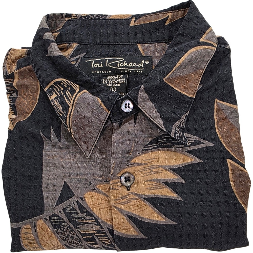 Vintage 90's Tori Richard Honolulu Silk Aloha Shirt L Black Leaf Jacquaro Luxe - Picture 6 of 13